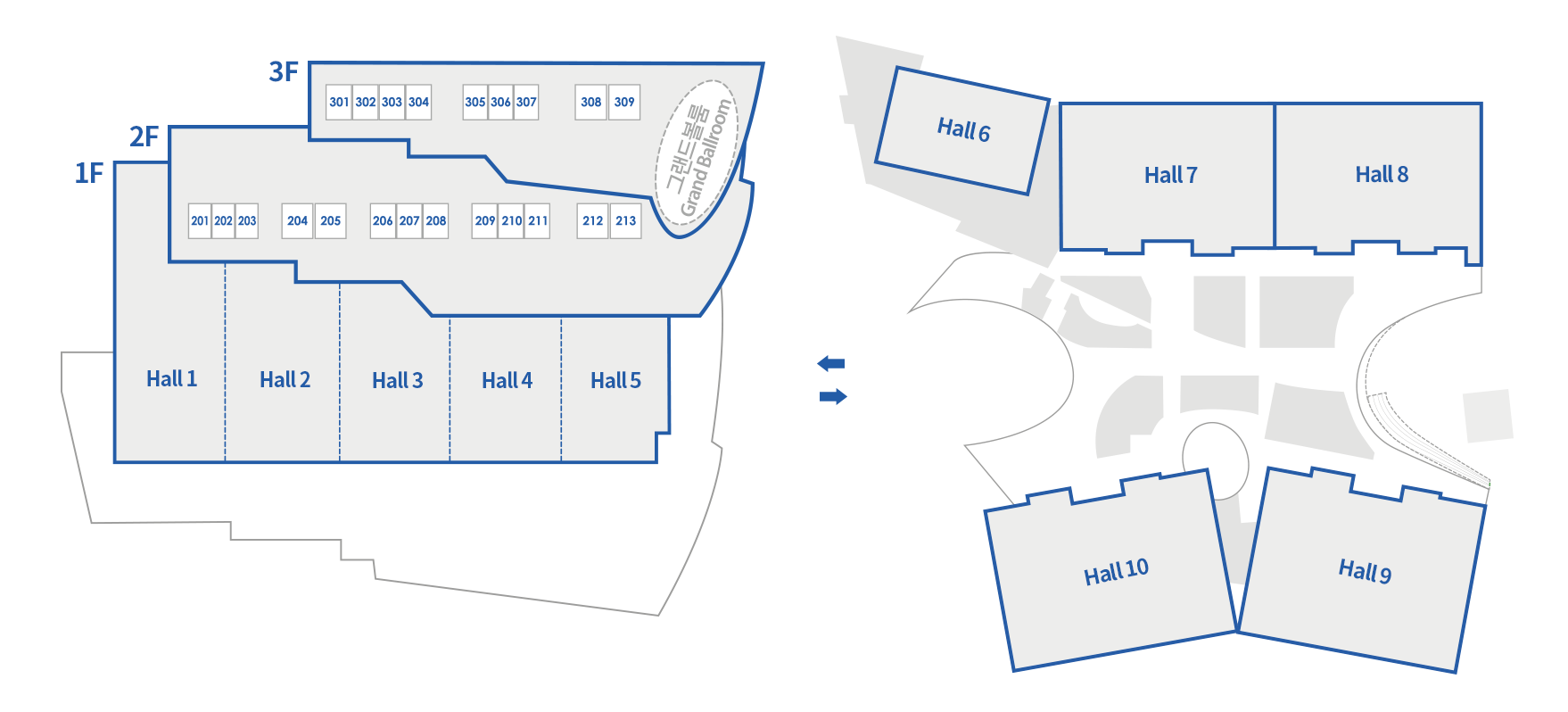 전시홀 위치 안내 1F 좌측부터 hall1에서 hall5까지 있고, 2F 좌측부터 201호에서 213호까지 있고, 3F 좌측부터 301부터 309호까지 있고 오른쪽에는 그랜드 볼륨이 있습니다. 그리고 바로 오른쪽 건물에 좌측상단을 기준으로 시게방향으로 hall6부터 hall10까지 있습니다.