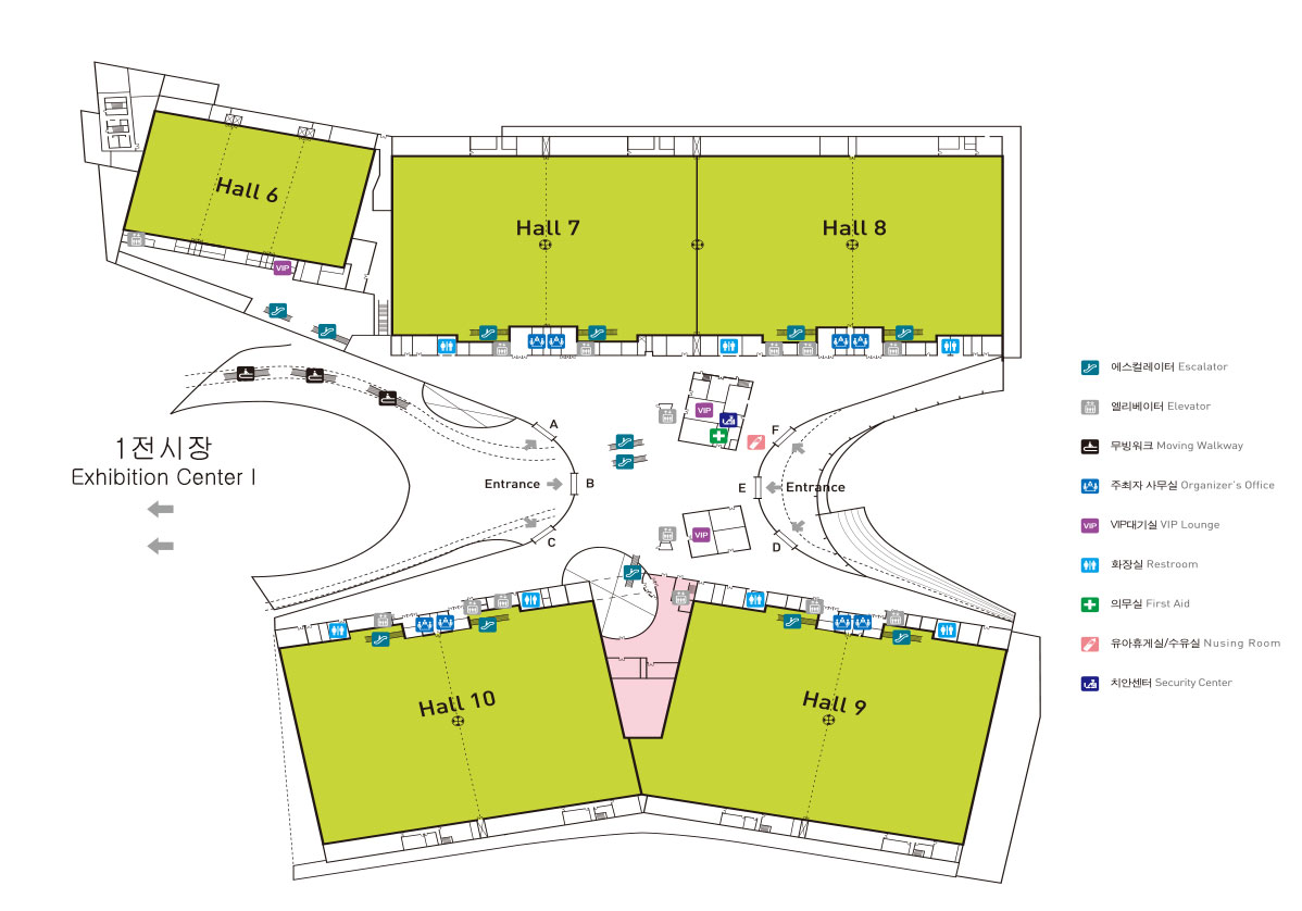 VIP대기실, 주차 관리실, 주차 관리실, 주최자 사무실, 비즈니스 센터, 주최자 사무실, 유아휴게실/수유실, 안내데스크, 의무실, 프레스 센터, VIP대기실이 표시 되어 있는 2전시장 맵 이미지