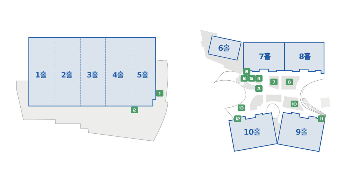 상설매장 위치안내 이미지, 1전시장 5홀 아래쪽 좌측 2번매장 우측 1번매장이 위치함, 2전시장 7홀앞 3,4,5,8,9번 매장이 위치함, 7,8홀 앞 중앙복도에 6,7번 매장 위치함, 2전시장 10홀안 12번매장, 2전시장 중앙복도에 13번매장, 9홀앞 2전시장 중앙복도에 10번매장, 9홀안에 11번매장 위치함,